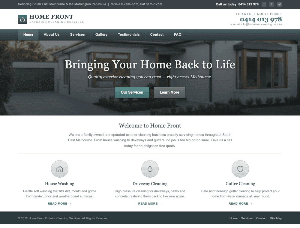 A dated exterior-cleaning website that buries the contact details